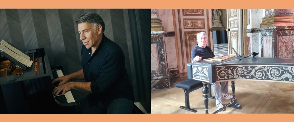 Stephen Schwartz at a piano; Stephen Schwartz at a harpsicord in Versailles